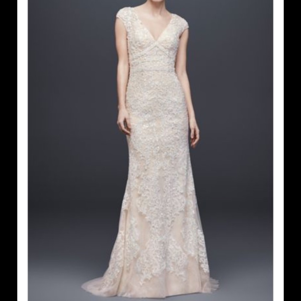 New Oleg Cassini cap sleeve plunging v-neck sheath wedding dress CWG807 Size 6